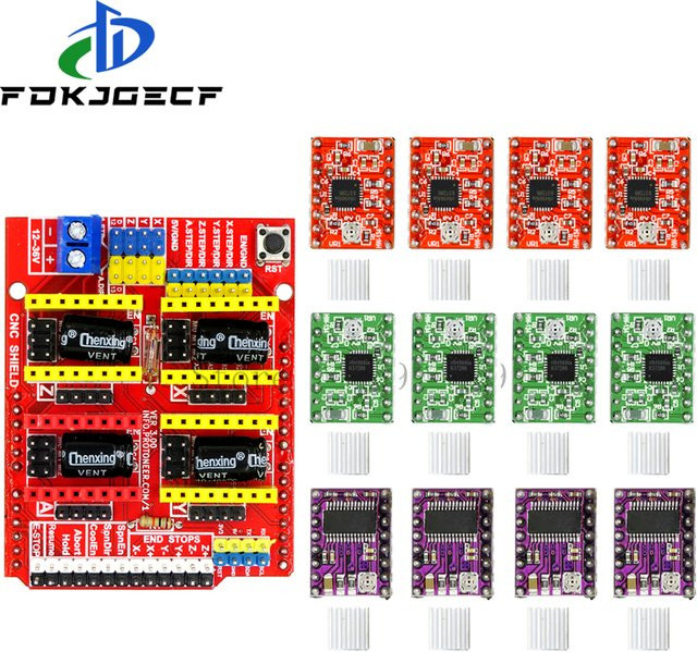 DNIGEF CNC Shield v3 Set für Arduino mit 4 Stück A4988 und 4 Stück DRV8825 Schrittmotortreibern in Rot - Bild 1