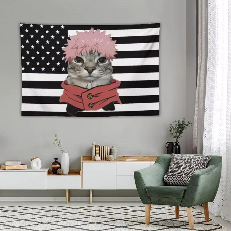 VIKAMA Anime Wandteppich mit Katzenmotiv und amerikanischer Flagge, bunter Wandbehang für Schlafzimmer und Schlafsäle, B/H: 60 x 40 cm - Bild 3