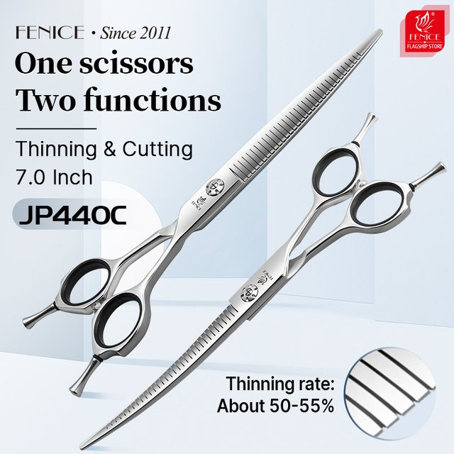 Fenice High-End JP440C Chunker-Schere aus Stahl in Silber, 7,0 Zoll mit gebogener und gerader Klinge für 50–55 % Ausdünnung - Bild 1