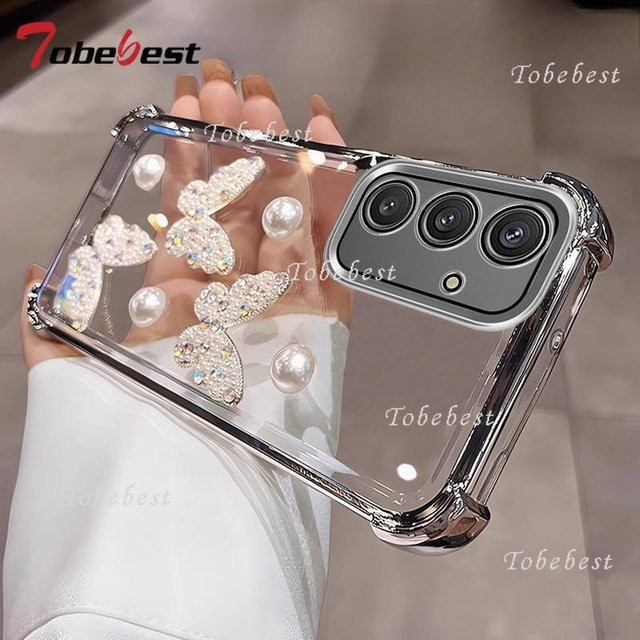 Tobebest 3D Perlen Schmetterling Handyhülle für Samsung Galaxy A-Serie A16 A26 A36 A56 A06 A15 A25 A35 A55 A14 A24 A34 A54 A05S 5G Stoßfestes Case in Silber und Transparent - Bild 1