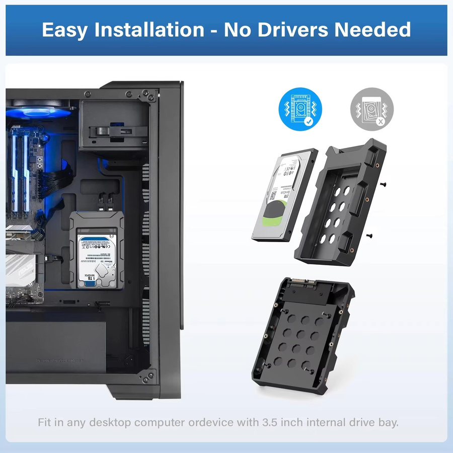 EJAY Festplatten-Caddy für 2,5 bis 3,5 Zoll, SATA 3.0, unterstützt HDD und SSD, Schwarz - Bild 2