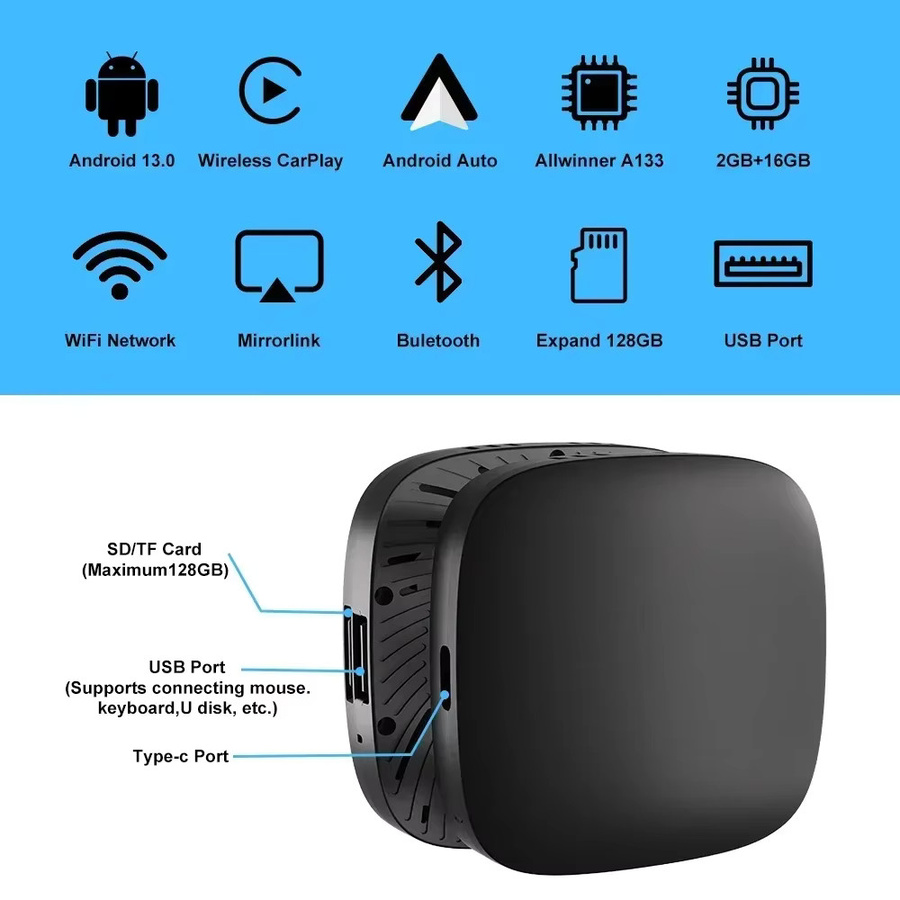 VCARLINKPLAY A133 AI Box für Android 13, Wireless CarPlay und Android Auto Adapter mit Netflix und YouTube, Schwarz - Bild 2