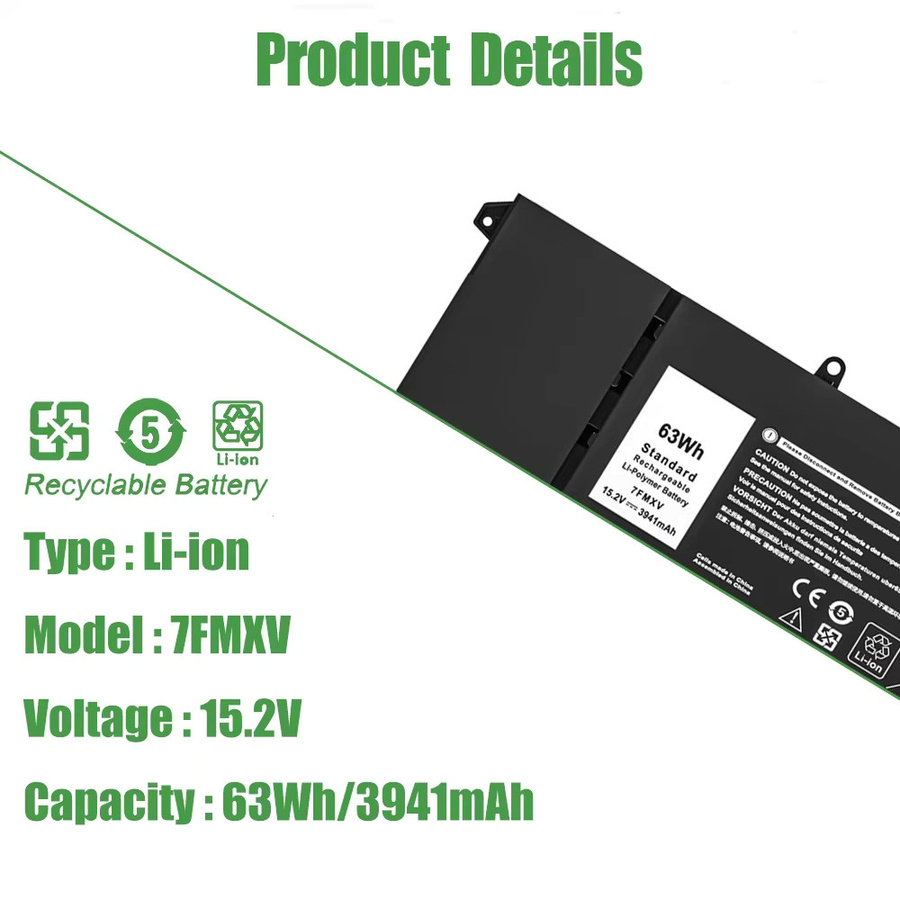 Dell Laptop-Akku 15,2V 63Wh in Schwarz für Latitude 5320 7320 7420 7520 2-in-1 und P133G P134G P135G P136G P138G P139G P110F 9JM71 - Bild 2