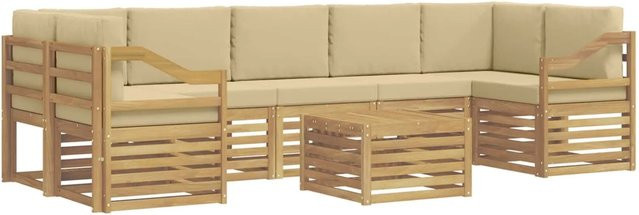 vidaXL Outdoor-Sofagarnitur 8-teilig in L-Form aus Akazienholz mit Kissen in Weiß und Beige - Bild 1
