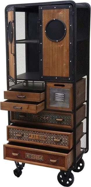Apotheker-Schrank MCW-D78 als Rollwagen aus Tanne und Metall im Vintage Shabby-Look, Farbe Braun, H x B x T: 146 x 60 x 35 cm - Bild 1