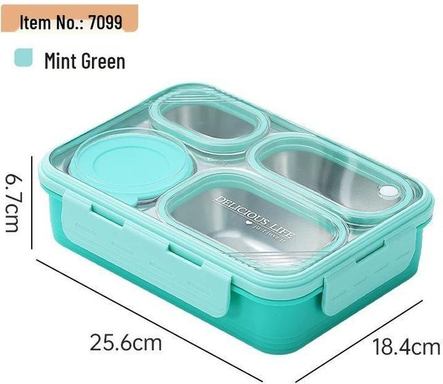 Auslaufsichere quadratische Edelstahl-Lunchbox von Chose One mit vier Fächern in Grün - Bild 1