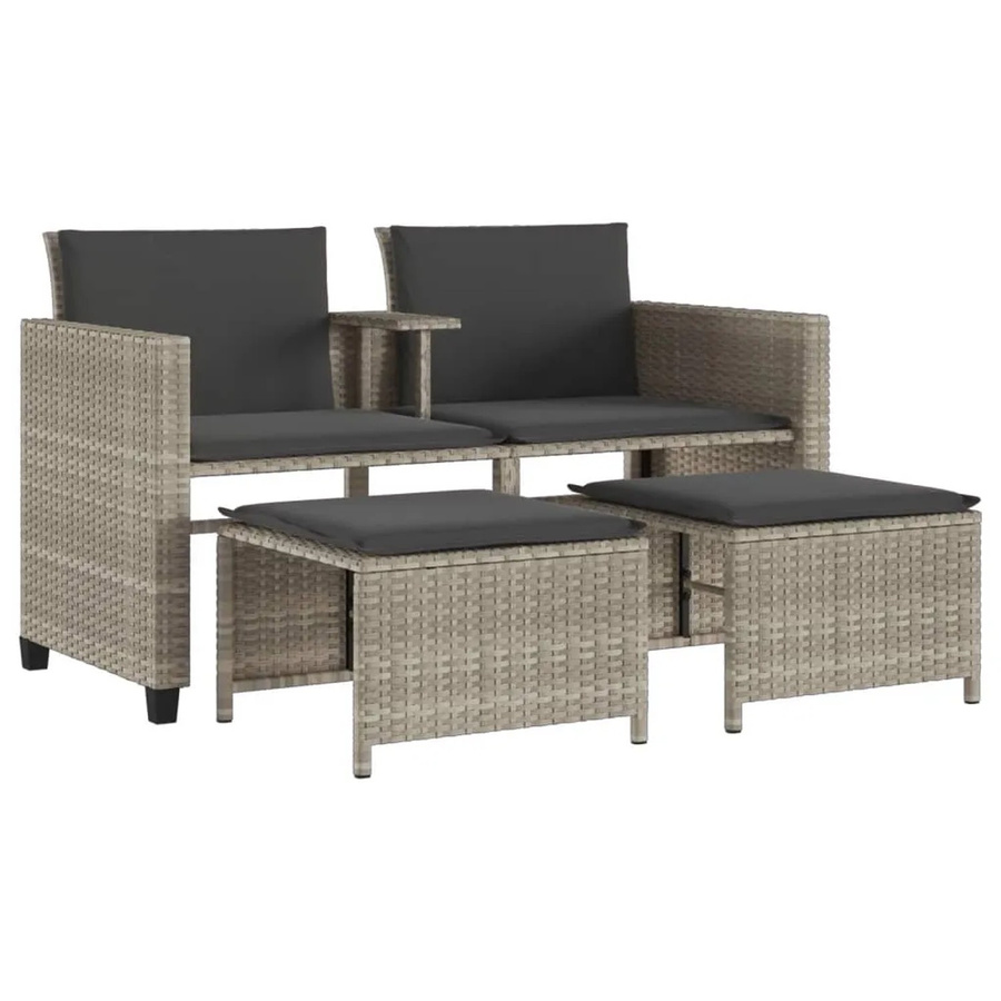 vidaXL Gartenmöbel Set aus PE-Rattan in Grau bestehend aus 2-Sitzer-Gartensofa mit Tisch und 2 Hockern inklusive UV-beständiger Polsterkissen - Bild 2