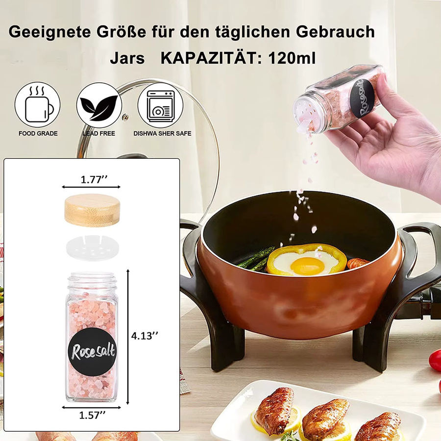 SAEIV Set mit 24 quadratischen Gewürzgläsern aus Glas, transparent, luftdicht und BPA-frei, 120 ml pro Behälter - Bild 3