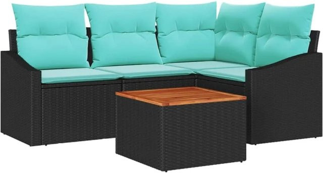 vidaXL Gartensofa-Set 5-tlg. aus Poly-Rattan und Akazienholz in Schwarz mit Kissen und Tisch - Bild 1
