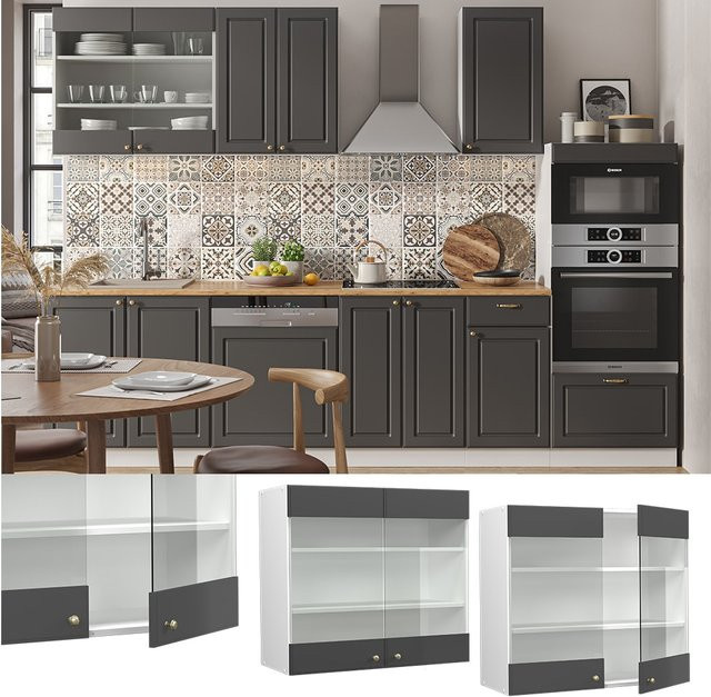 Vicco Küchen-Hängeschrank Fame-Line Landhaus mit Glastüren in Anthrazit-Gold und Weiß, Breite: 80 cm, Höhe: 72 cm, Tiefe: 34,1 cm - Bild 1