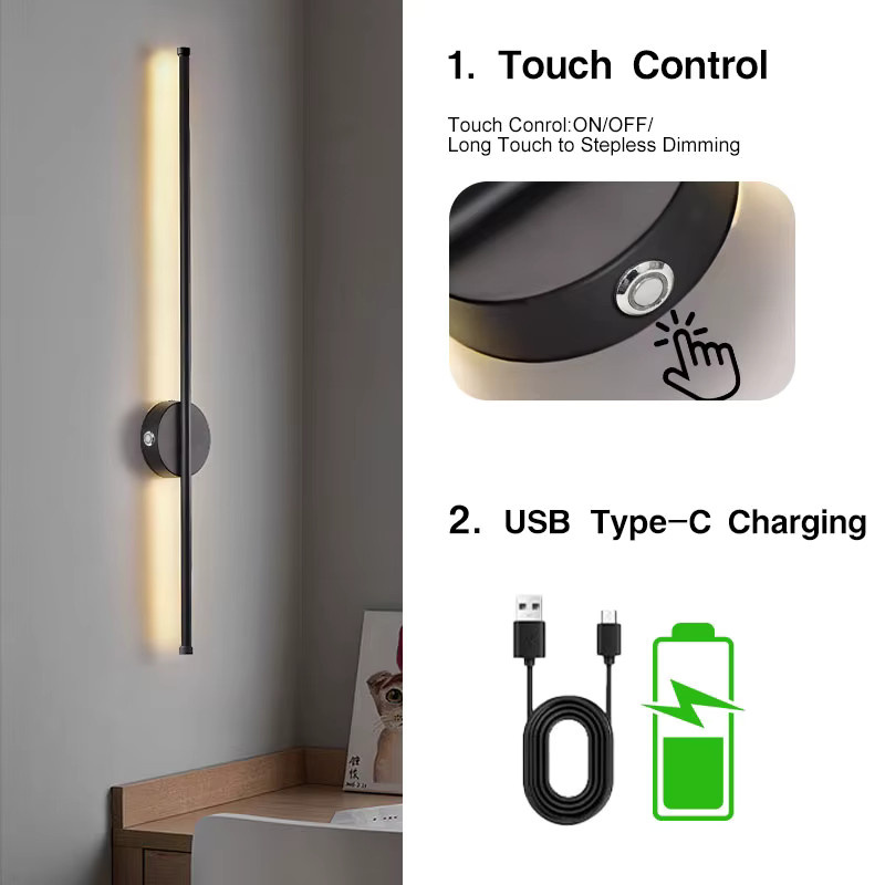 HAULVANG LED Wandleuchte Schwarz, Kabellose lineare Wandlampe mit 5200mAh Akku, Dimmbar mit 3CCT und Magnetischem Berührungsschalter - Bild 4