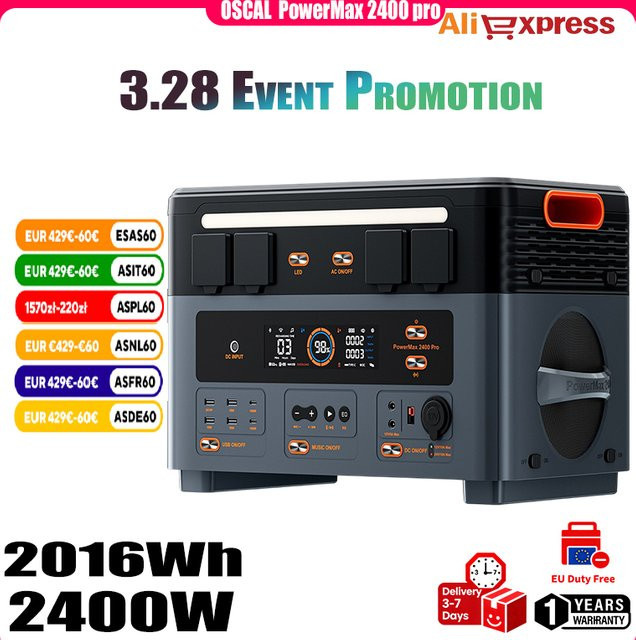 Oscal PowerMax 2400pro Tragbare Powerstation mit 3892Wh und Solarzelle in Schwarz - Bild 1