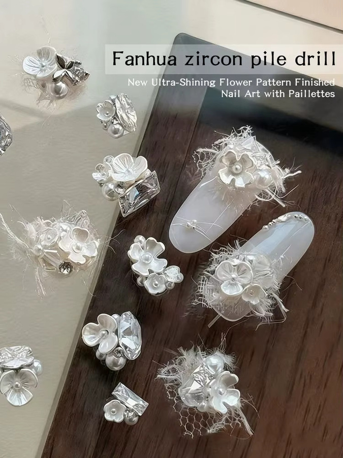 kaniu Nagel Schmuck 3D Kristall Strass Blumen mit Perlen, Glänzend - Bild 7