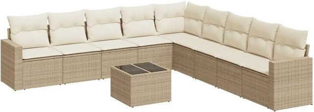vidaXL 10-teilige Garten-Sofagarnitur aus Poly-Rattan in Beige mit Kissen aus Polyester und Gestell aus pulverbeschichtetem Stahl - Bild 1