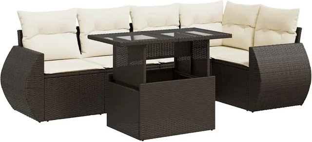 vidaXL 6-teilige Garten-Sofagarnitur in L-Form aus braunem Poly-Rattan mit cremeweißen Kissen und pulverbeschichtetem Stahlgestell - Bild 1