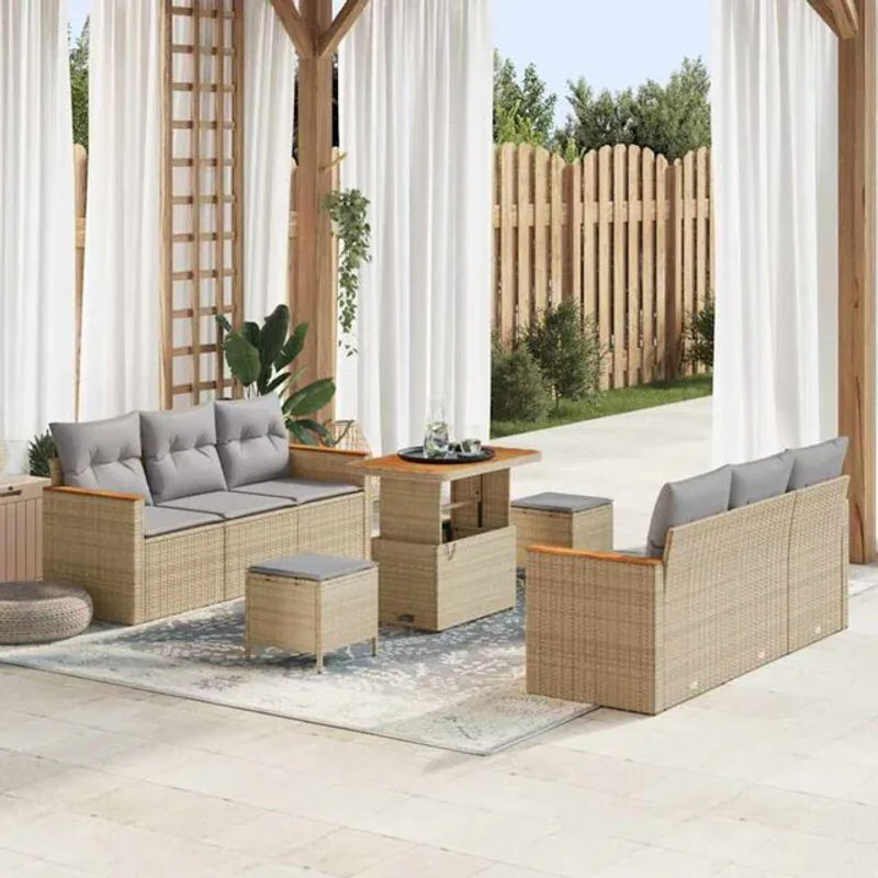 vidaXL Garten-Sofa-Set aus Poly-Rattan mit 9 Kissen in Beige - Bild 1