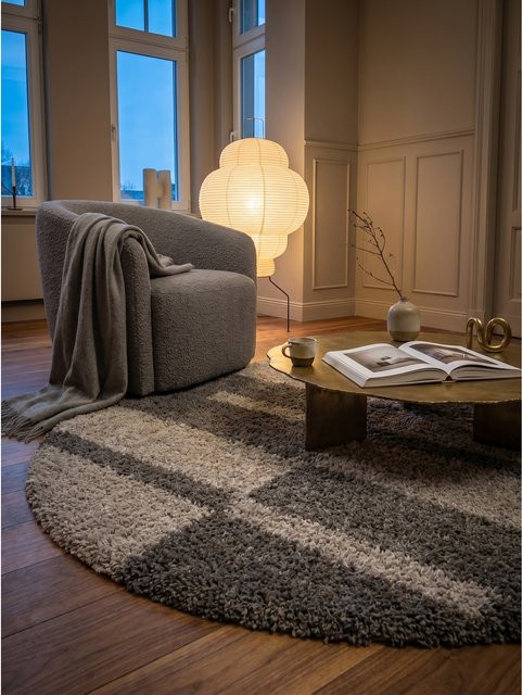 Hochflorteppich Kadima Design WERFEN, kariert, Taupe/Beige/Grau, Ø 200 cm - Bild 1