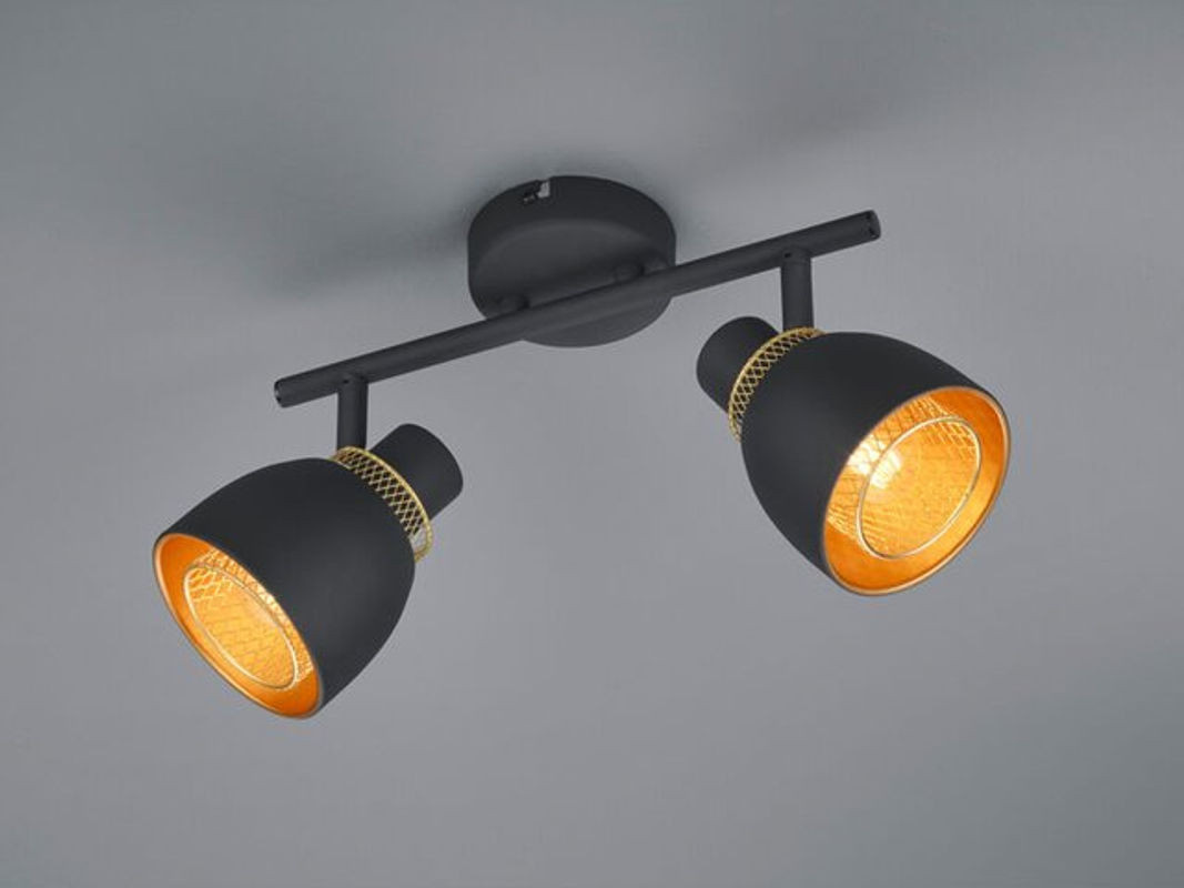 Trio Lighting Deckenstrahler Punch 2-flammig Schwarz Gold mit Drahtgeflecht aus Metall Breite: 28 cm - Bild 1