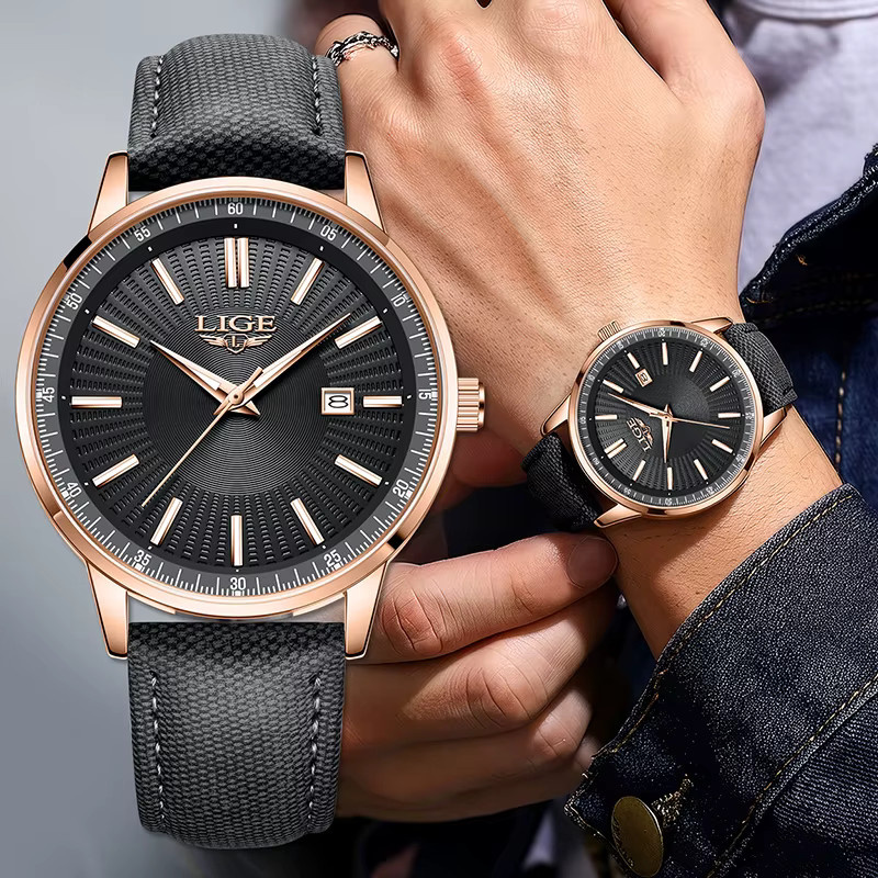 LIGE Armbanduhr, Chronograph, Quarz, Leder, Schwarz, Roségold, Herren - Bild 6
