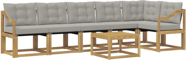 vidaXL Outdoor-Sofagarnitur 7-teilig aus Akazienholz und Textilene in Weiß-Hellgrau mit Kissen und Armlehnen - Bild 1