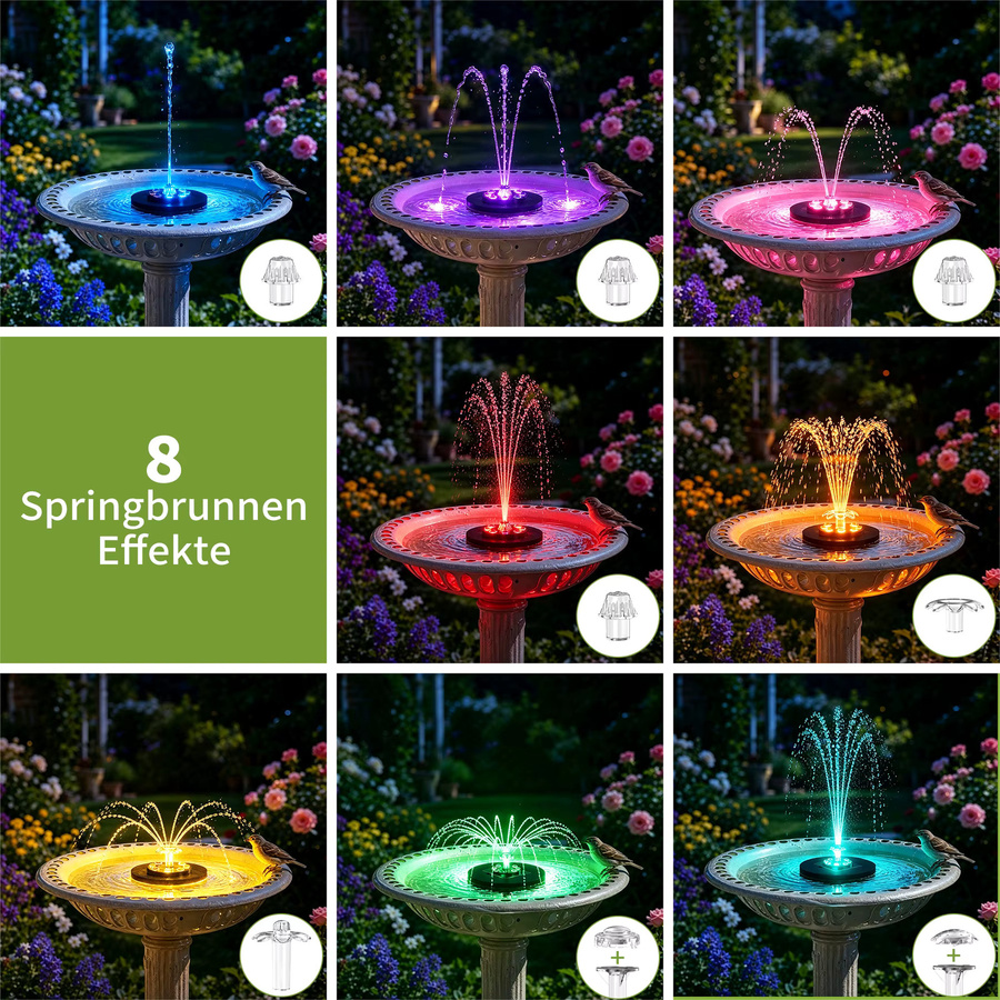 Forever Speed Solarbrunnen für den Außenbereich mit Akku und LED in Schwarz, Solar Springbrunnen für Garten, Teich und Vogelbad mit 8W und 100L/H Wassersprühhöhe - Bild 6