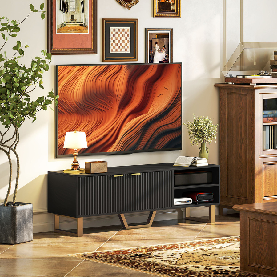 HOMCOM TV-Schrank Fernsehtisch aus Holz und Metall in Schwarz für Fernseher bis zu 70 Zoll mit 2 gerillten Türen, offenem Fach und Kabeldurchführung, B/T/H: 140 x 39 x 47 cm - Bild 2