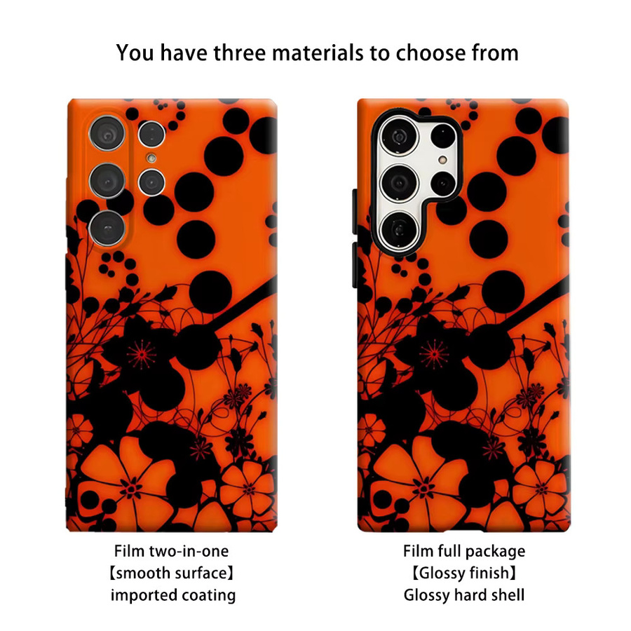 Stoßfeste Doppelschicht Handyhülle mit Blumenpunkten in Orange und Schwarz für Samsung Galaxy S25 Ultra, S24 und S23 Ultra Plus - Bild 2