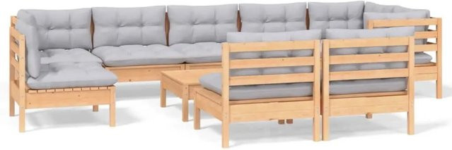 vidaXL 10-tlg. Garten-Lounge-Set aus massivem Kiefernholz mit grauen Polstern und Kissen - Bild 1