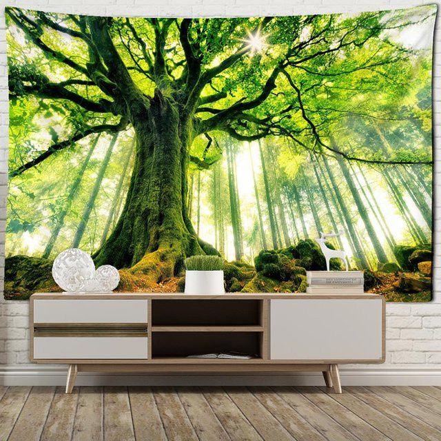Binchi Outdoor Equipment Wandteppich mit grünem Natur- und Waldmotiv im Boho-Stil, Breite: 150 cm, Höhe: 130 cm - Bild 1