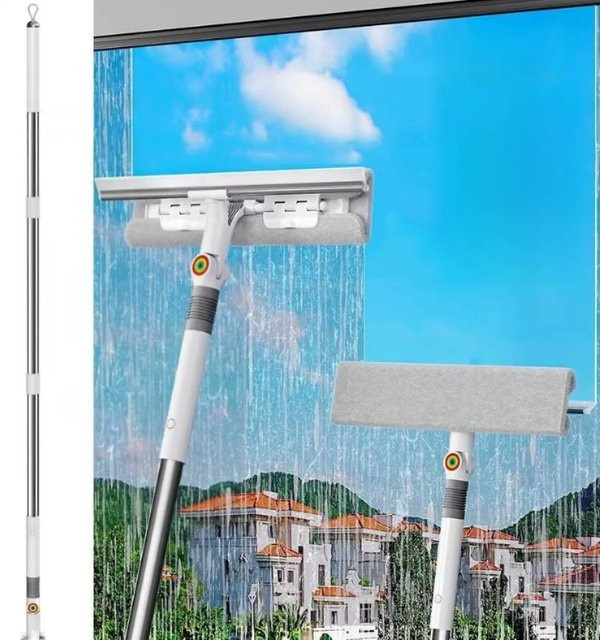 Untior 2-in-1 Glaswischer mit Teleskopstiel und Mikrofasertuch, 360 Grad drehbarer Kopf, Weiß - Bild 1