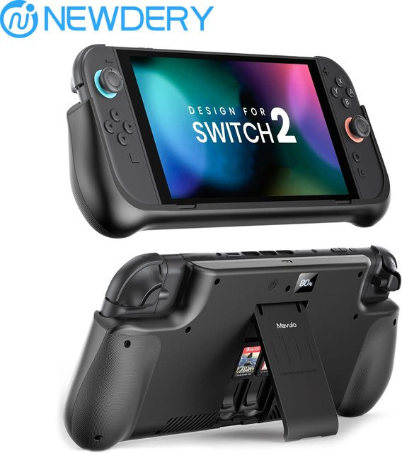 NEWDERY Akku für Nintendo Switch 2, externe Akkuladestation mit 10.000 mAh und verstellbarem Ständer, Schwarz - Bild 1