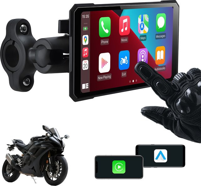Neelyke 5 Zoll Smart Motorraddisplay mit kabellosem CarPlay und Android Auto, Navigationsunterstützung, Siri und Google Assistent, IP67 wasserdicht, Schwarz/Grau - Bild 1