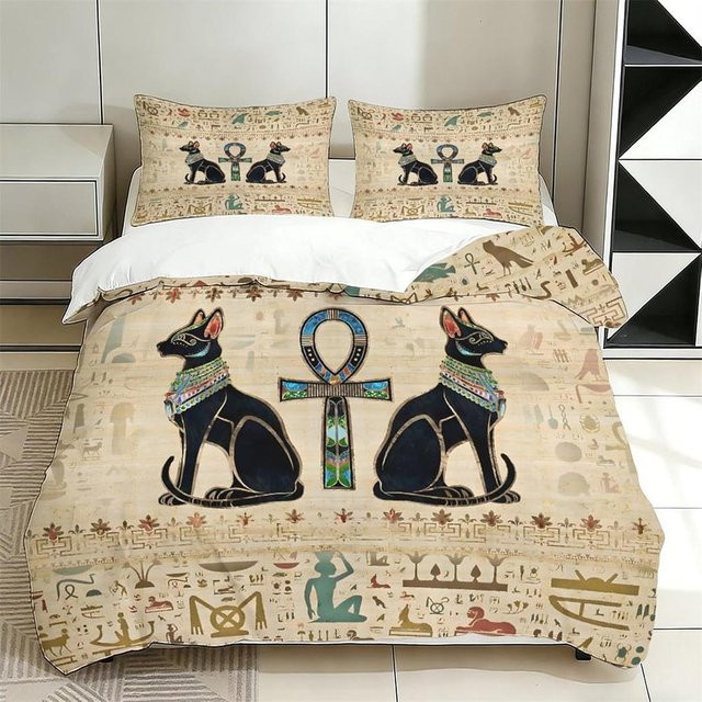 Flylo 2-teiliges Bettwäsche-Set mit ägyptischem Design in Beige, bestehend aus einem Doppelbettdeckenbezug und Kissenbezügen aus Mikrofaser mit Reißverschluss, B/H: 133 x 70 cm - Bild 1