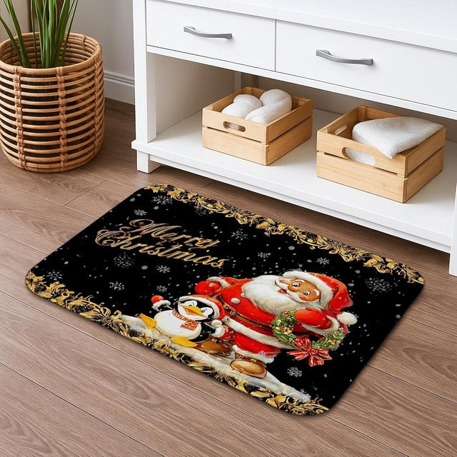 VIKAMA Weihnachtsmann-Flanellteppich mit Pinguin-Design, bunte Weihnachts-Fußmatte für Innen und Außen, B/T: 60 x 40 cm - Bild 1