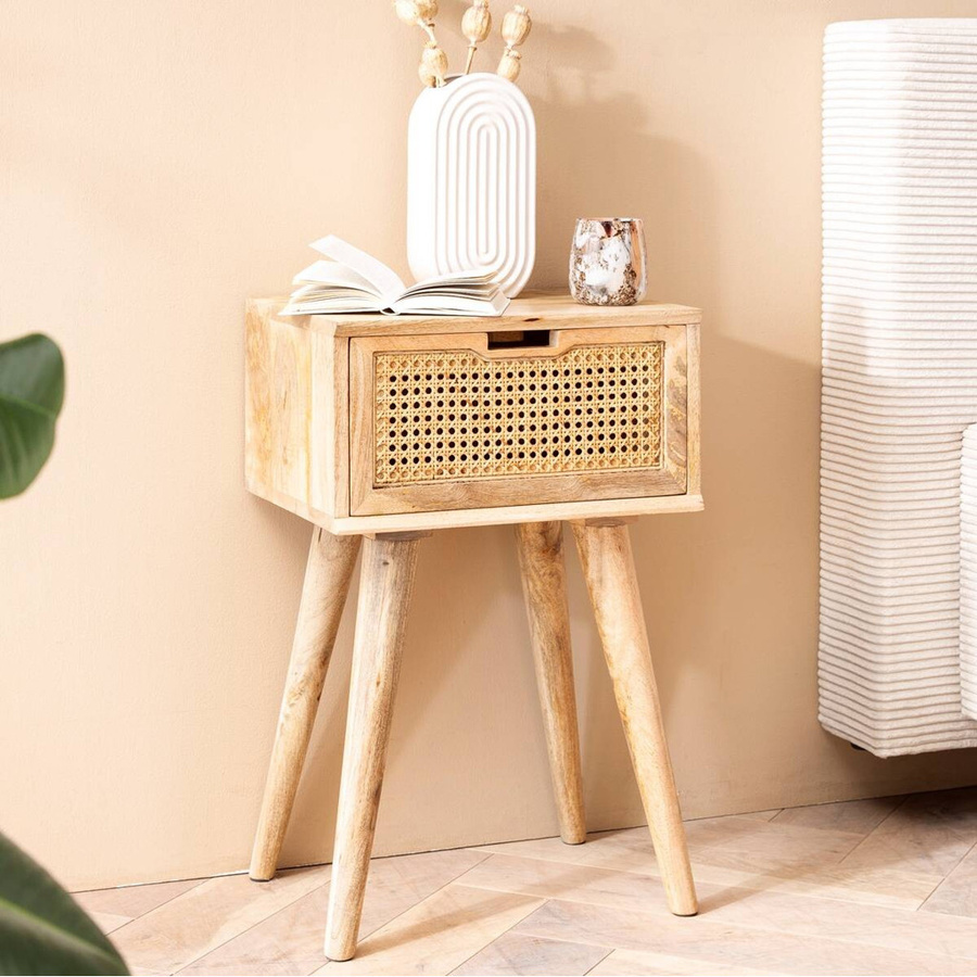 Wohnling Nachttisch aus Mango Massivholz mit Rattan in Natur, B/H/T: 40 x 60 x 30 cm - Bild 2