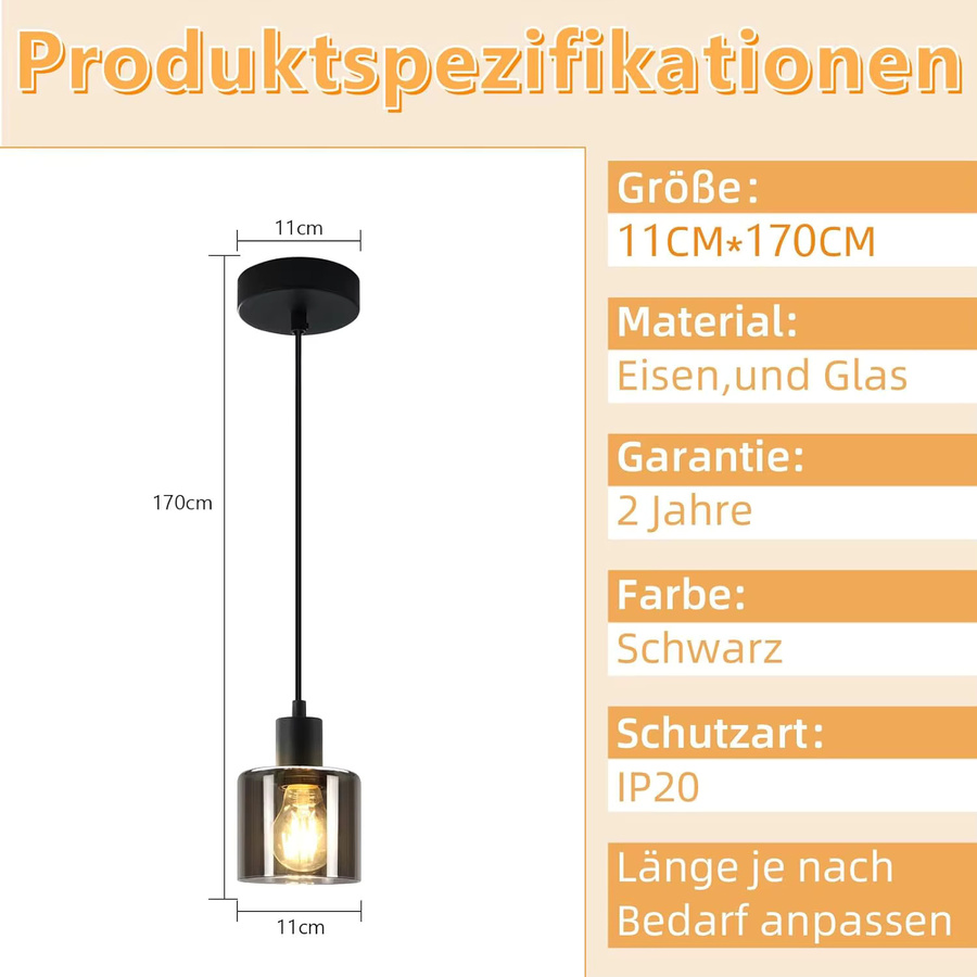 Vintage Pendelleuchte im Industrial Style mit Glaszylinder und E27 Fassung in Schwarz - Bild 3
