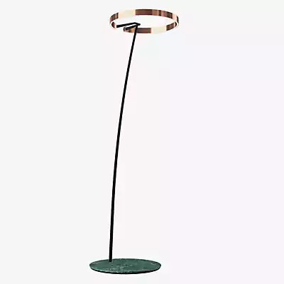 Occhio Mito Raggio Lusso LED Bogenleuchte mit Roségold-Kopf, schwarzem Leder-Body und grünem Marmorfuss - Bild 1