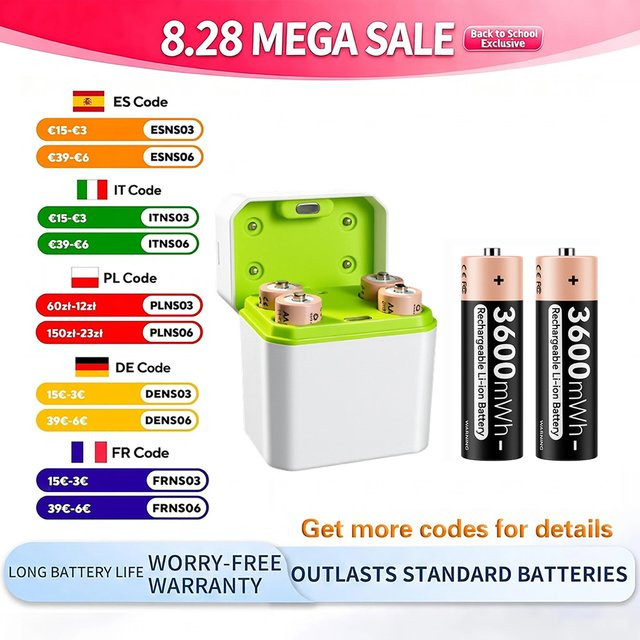 Kuugro Wiederaufladbare Batterien Set mit 4-Slot-Ladegerät in Weiß, AA 1,5V 3600mWh und AAA 1,5V 1300mWh - Bild 1