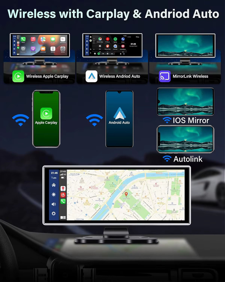 Srnubi 4K Dashcam mit 7/11,26 Zoll Display, Auto-DVR mit kabellosem CarPlay, Android Auto, GPS und WLAN in Schwarz - Bild 2