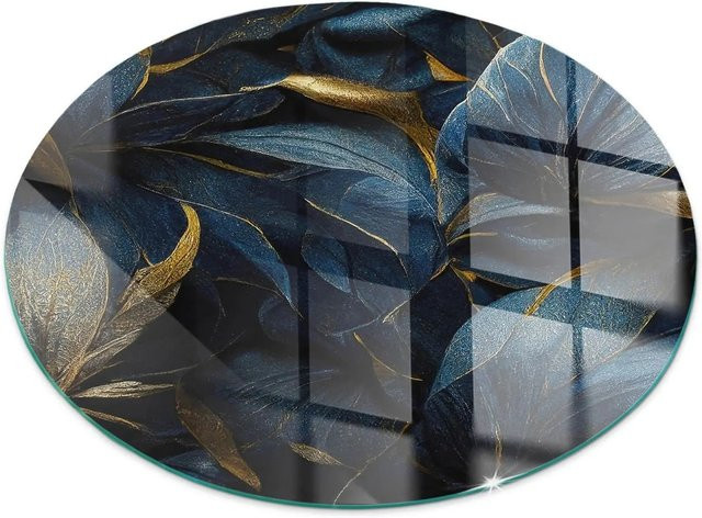 Tulup Kaminglasplatte Rund mit Blätter-Textur in Marine Blau, Durchmesser: 70 cm - Bild 1