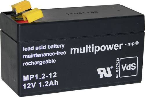 Multipower PB-12-1,2-4,8 Bleiakku 12V 1,2Ah Blei-Vlies AGM mit Flachstecker 4,8mm, Schwarz, B/H/T: 97 x 59 x 43 mm - Bild 1