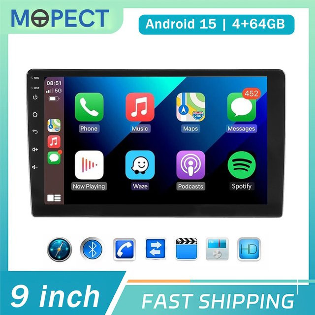 MOPECT Doppel-DIN 9-Zoll Android 15 Autoradio mit 4+64GB Speicher, Wireless Apple CarPlay & Android Auto, GPS und Bluetooth in Schwarz - Bild 1