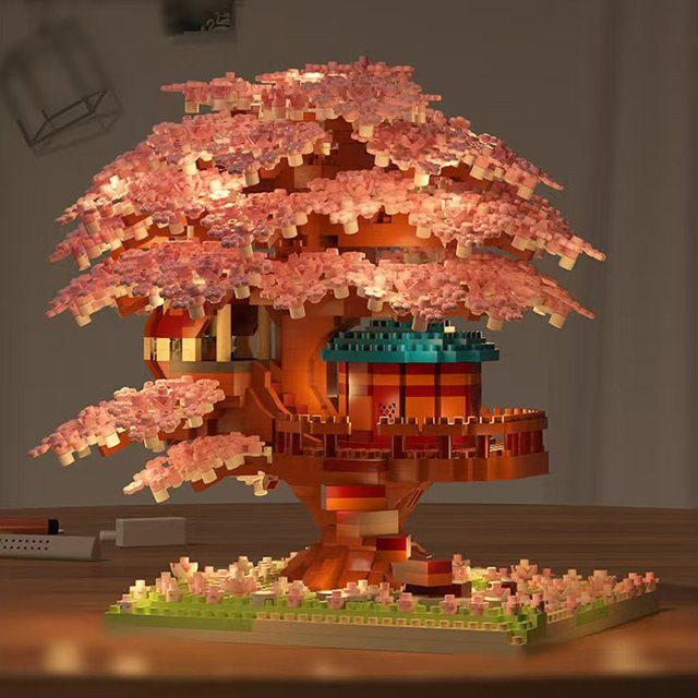 CONUSEA DIY Sakura Baum Bausteine Set mit Licht in Rosa und Lila als Kirschblüte Baumhaus Modell Ornament - Bild 1