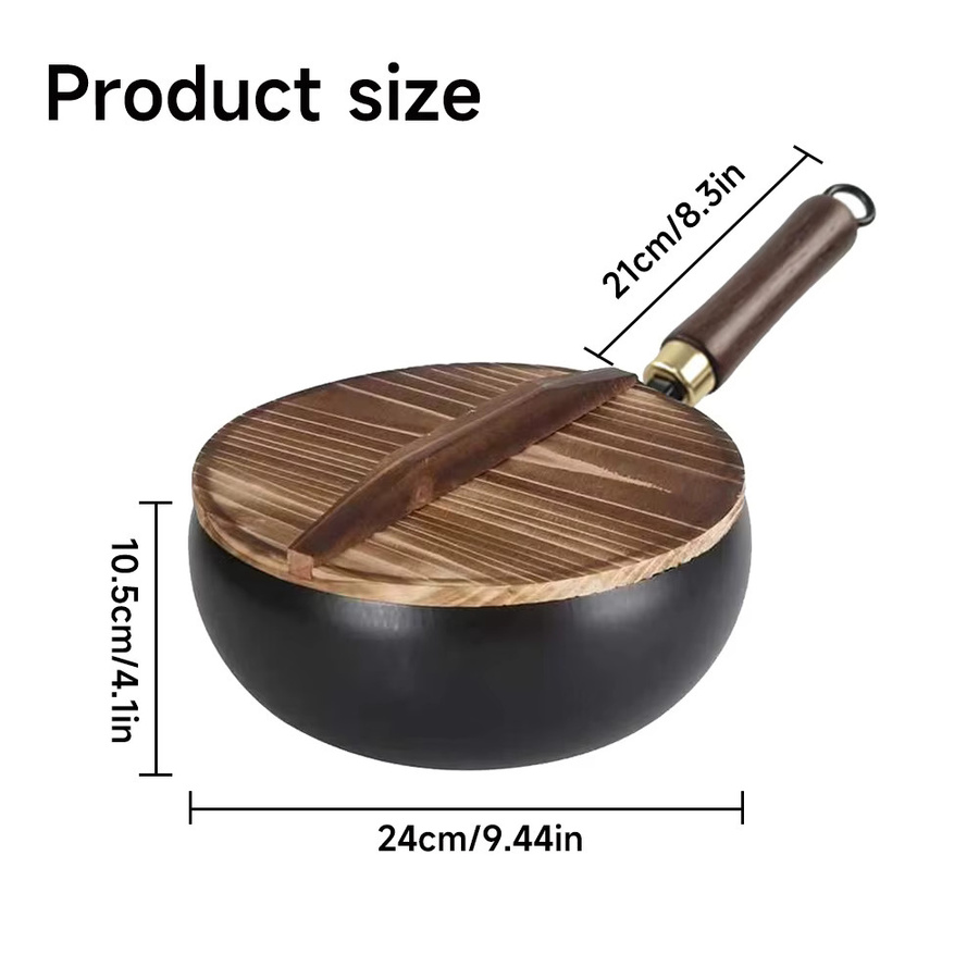 HGTUGO Wok aus Kohlenstoffstahl ohne Beschichtung in Schwarz mit Holzdeckel, Durchmesser: 24 cm - Bild 8