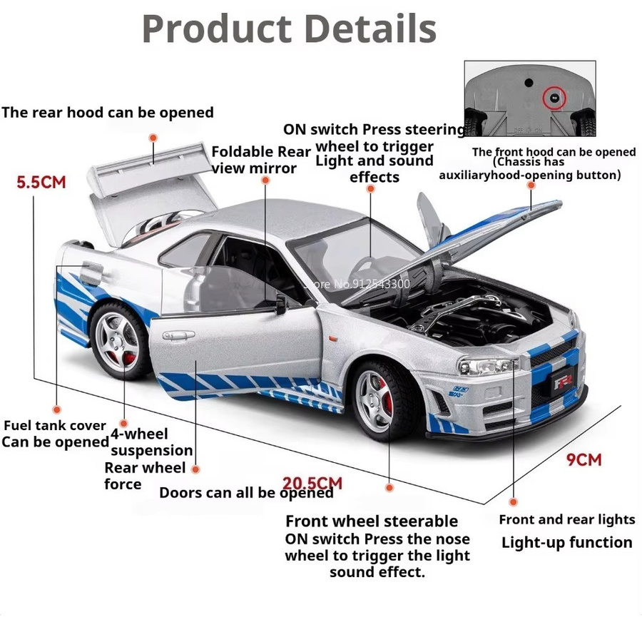 RMZ city GTR-R34 Sportwagen-Modell, 1:24 Maßstab, Metall, mit Sound und Licht - Bild 2