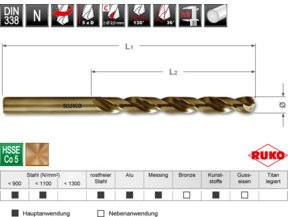 RUKO Spiralbohrer DIN 338 Typ N HSS Co 5 geschliffen mit Kreuzanschliff, Farbe Gold, Durchmesser: 7,0 mm, Länge: 109 mm, Breite: 69 mm - Bild 1