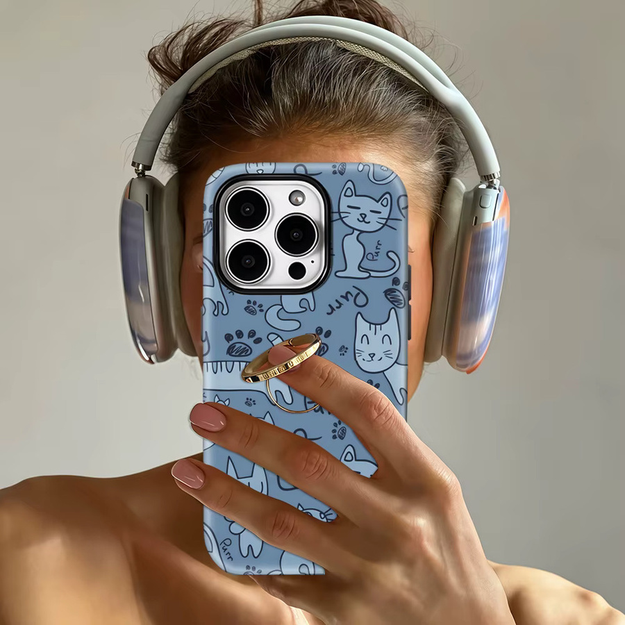 Robuste Katzen-Doodle Handyhülle für Apple iPhone 17 16 15 14 13 Pro Max Plus mit Magnetfunktion in Blau - Bild 2