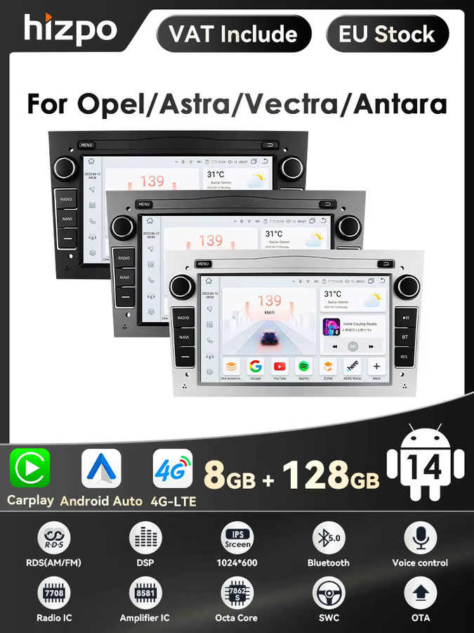 HIZPO Android Autoradio mit CarPlay und GPS für Opel Astra H J, Vectra, Zafira, Corsa C D, Vivaro und Meriva, Schwarz - Bild 2