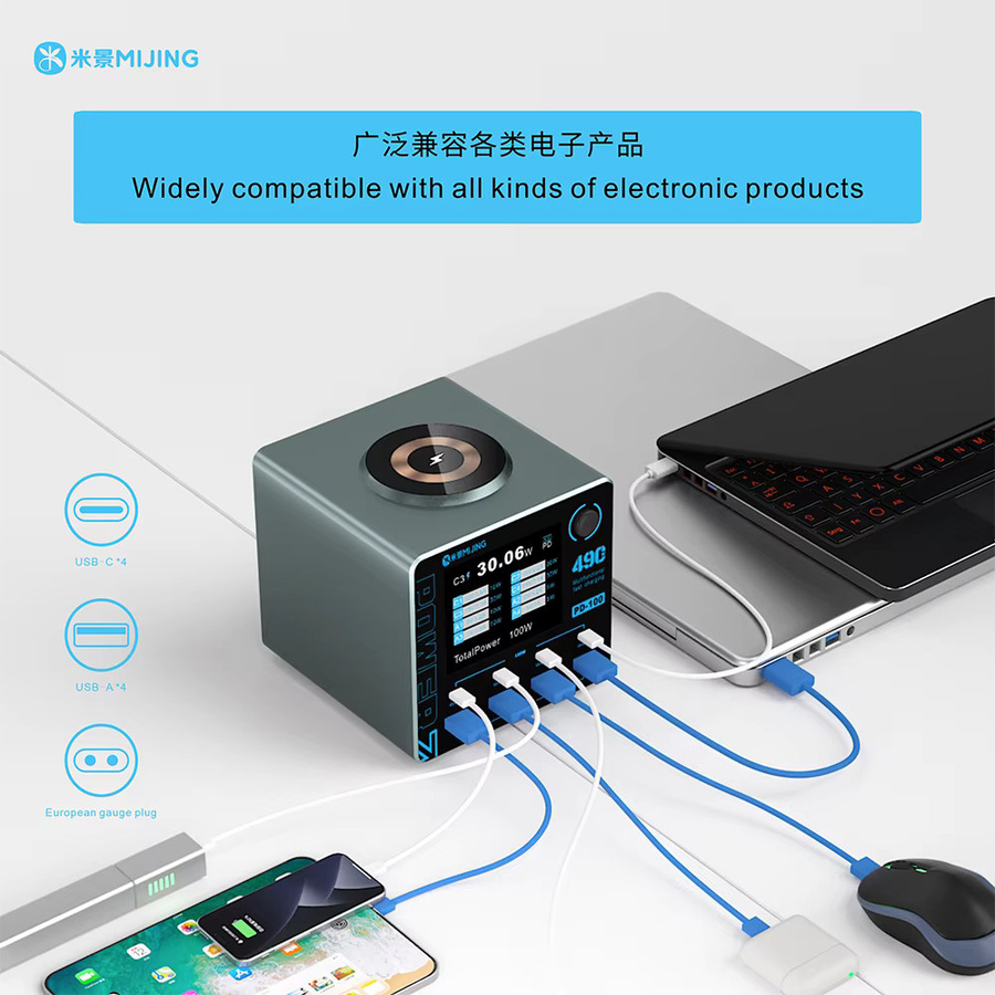 MIJING PD100 Smart-Ladestation mit digitaler Anzeige, kabellosem Laden und USB-Hub mit 4 USB-A und 4 Typ-C Anschlüssen für Smartphones, PCs, Uhren und iPads - Bild 3