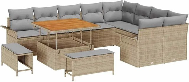 vidaXL 12-teiliges Garten-Sofaset aus Poly Rattan und Akazie mit Kissen in Beige und Hellgrau - Bild 1